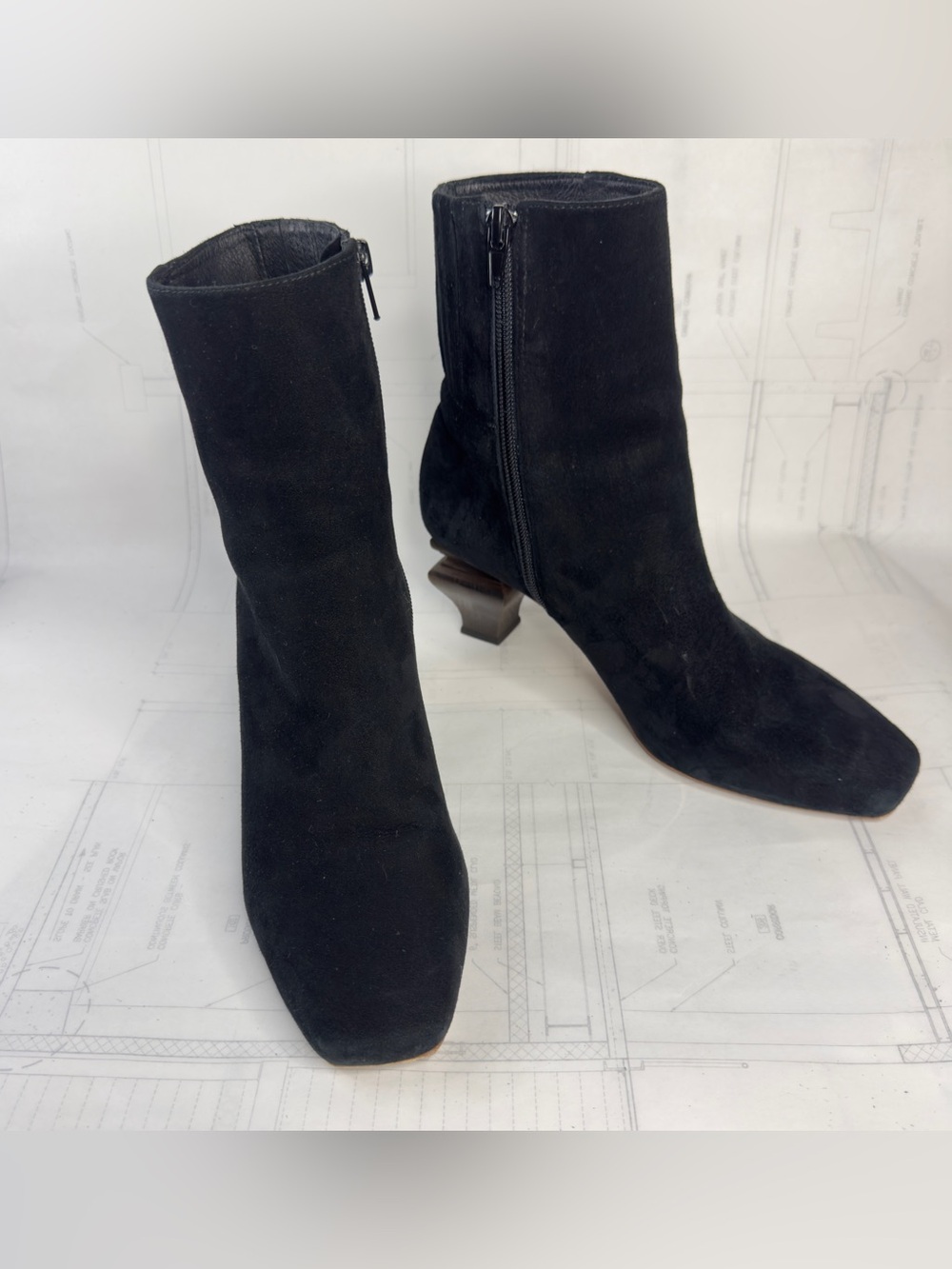 Charlotte Stone Stickley Black Suede Boots wooden block heal size 8